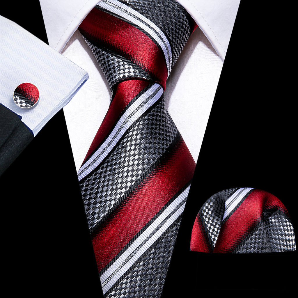 Red, Gray & Black Striped Silk with Pocket Square & Cufflinks Silk Tie Set - GentCrest