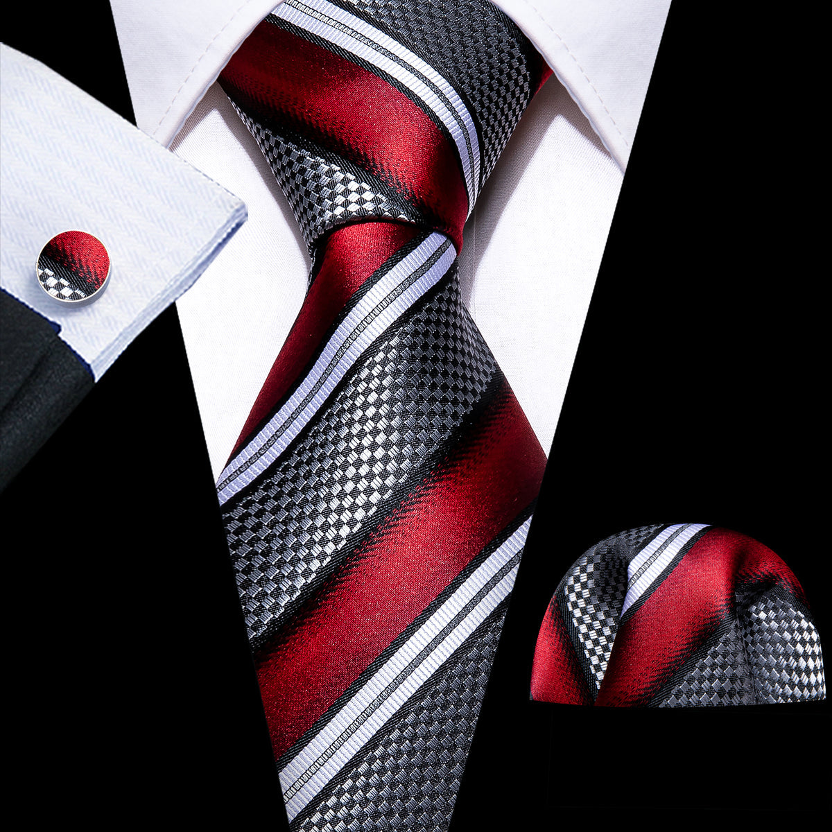 Red, Gray & Black Striped Silk with Pocket Square & Cufflinks Silk Tie Set - GentCrest