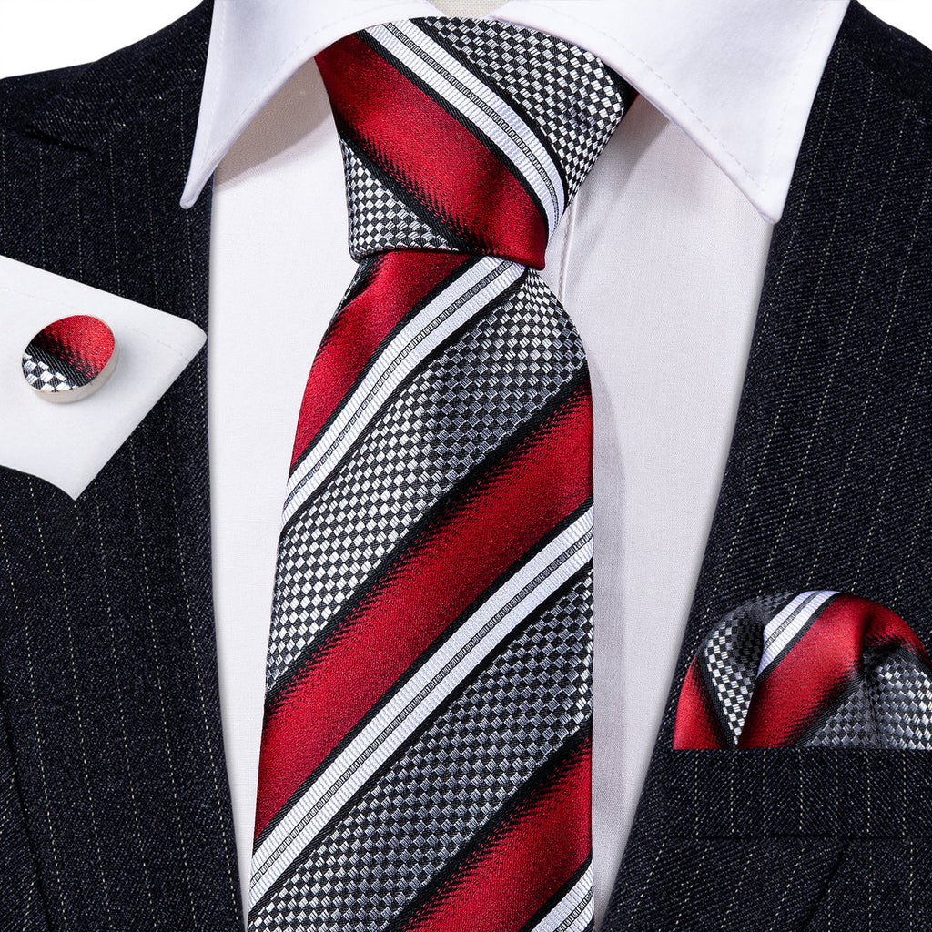 Red, Gray & Black Striped Silk with Pocket Square & Cufflinks Silk Tie Set - GentCrest - View 3