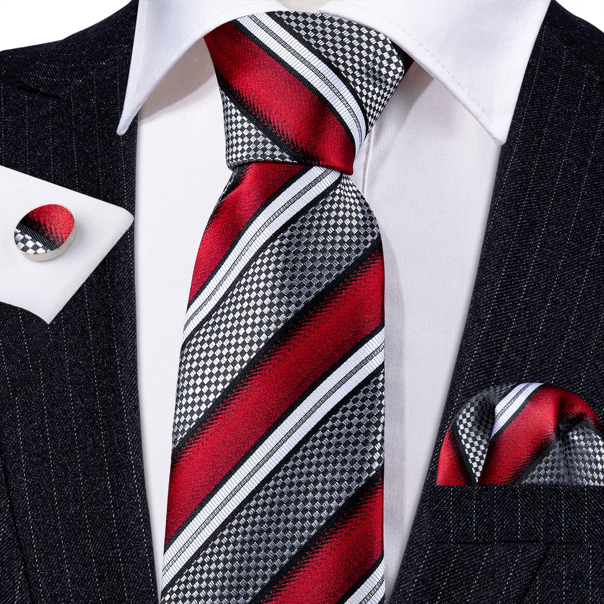 Red, Gray & Black Striped Silk with Pocket Square & Cufflinks Silk Tie Set - GentCrest - View 3