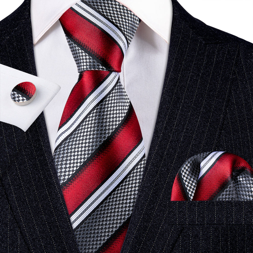Red, Gray & Black Striped Silk with Pocket Square & Cufflinks Silk Tie Set - GentCrest - View 4
