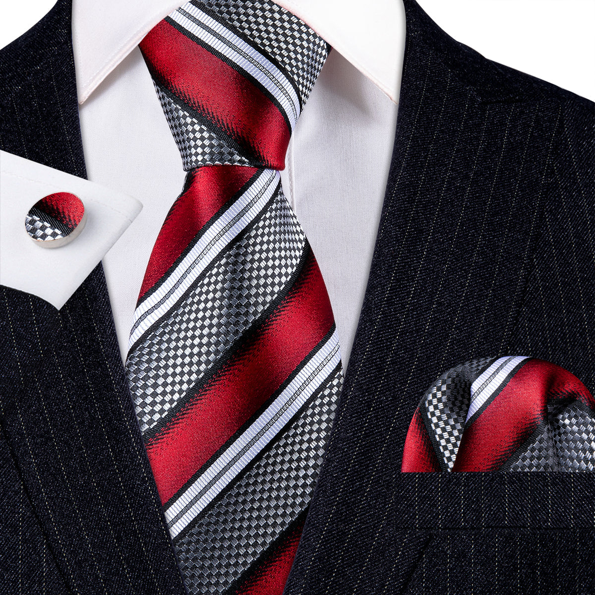 Red, Gray & Black Striped Silk with Pocket Square & Cufflinks Silk Tie Set - GentCrest - View 4