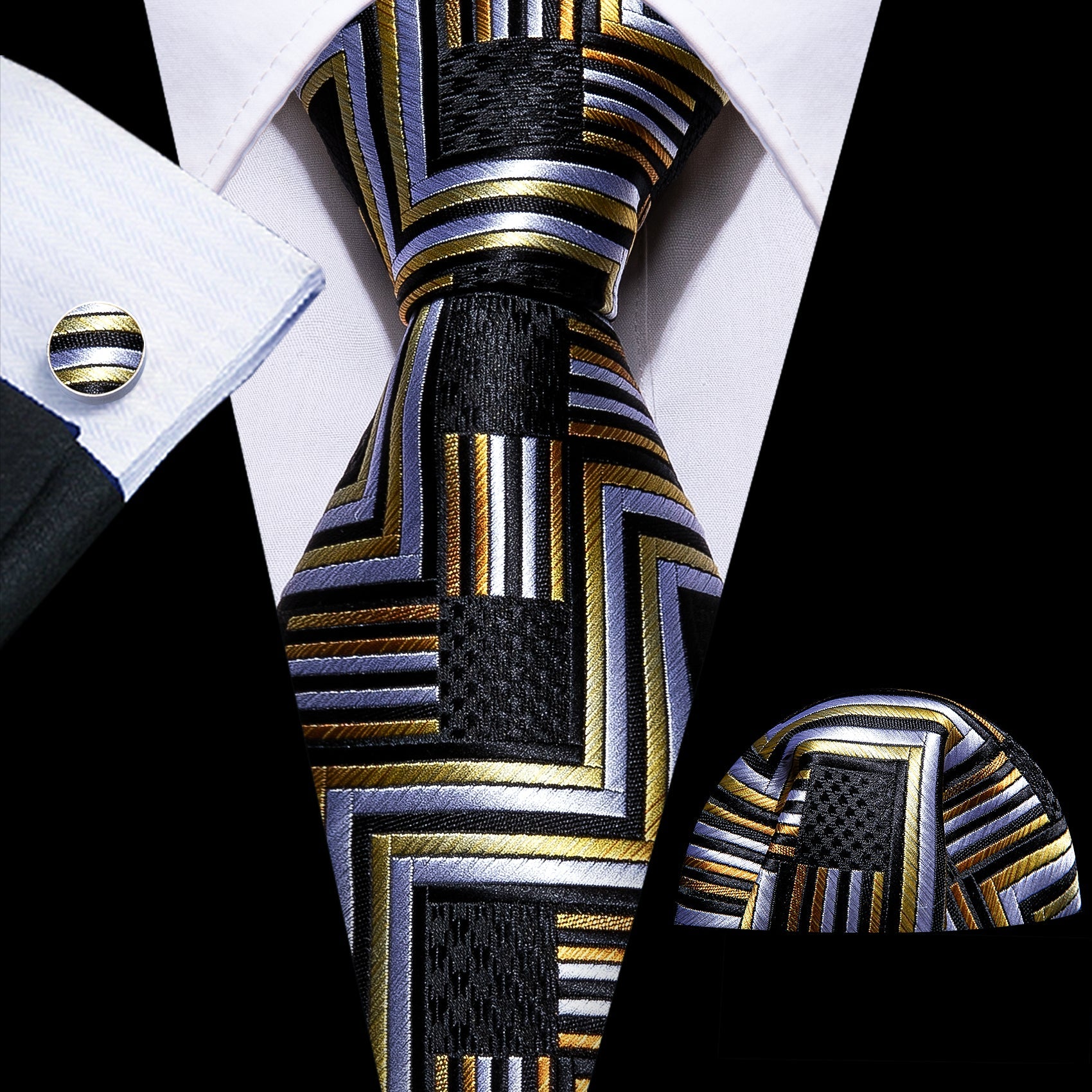 GentCrest Black Geometric Tie Hanky Cufflinks Set - Image 1