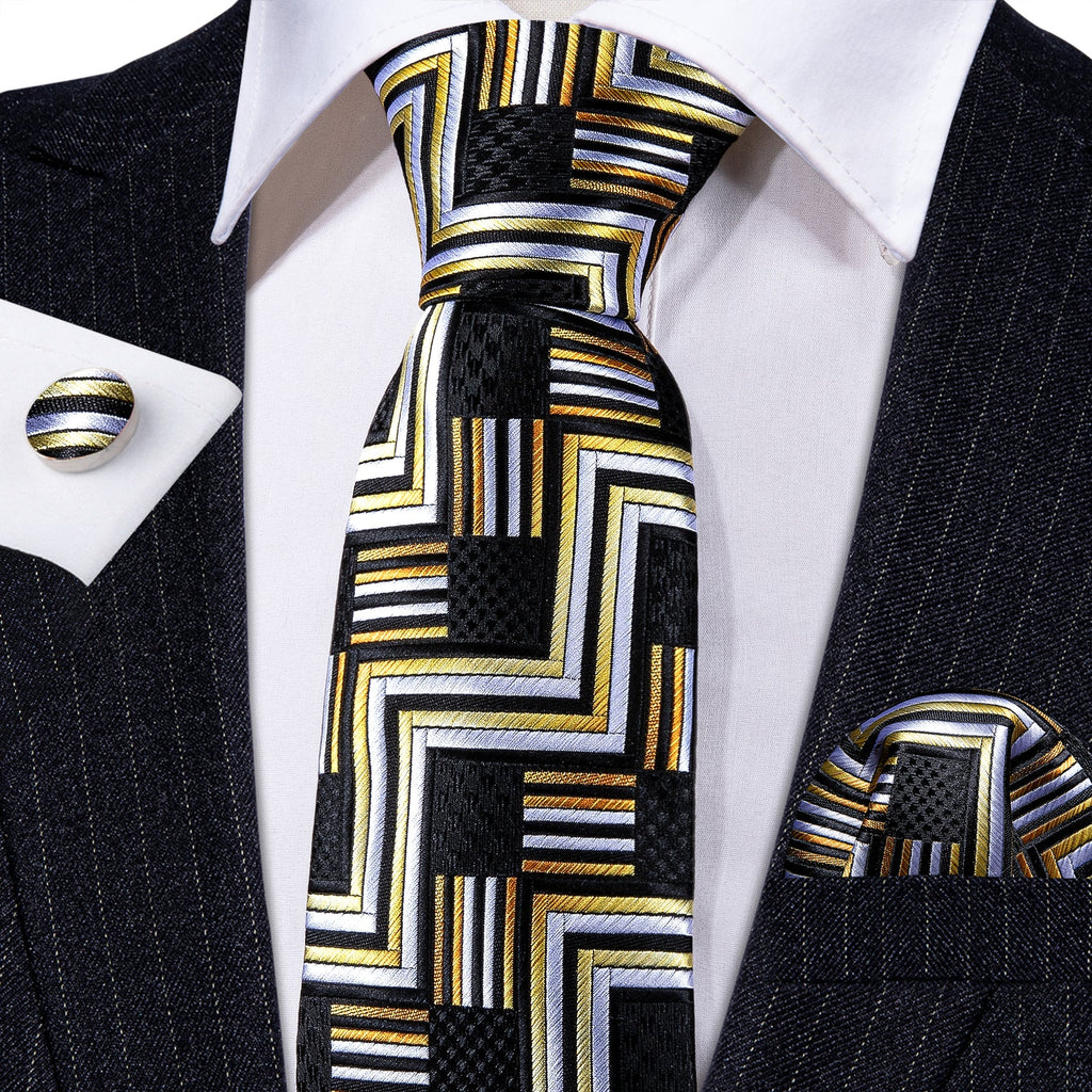 GentCrest Black Geometric Tie Hanky Cufflinks Set - Image 2