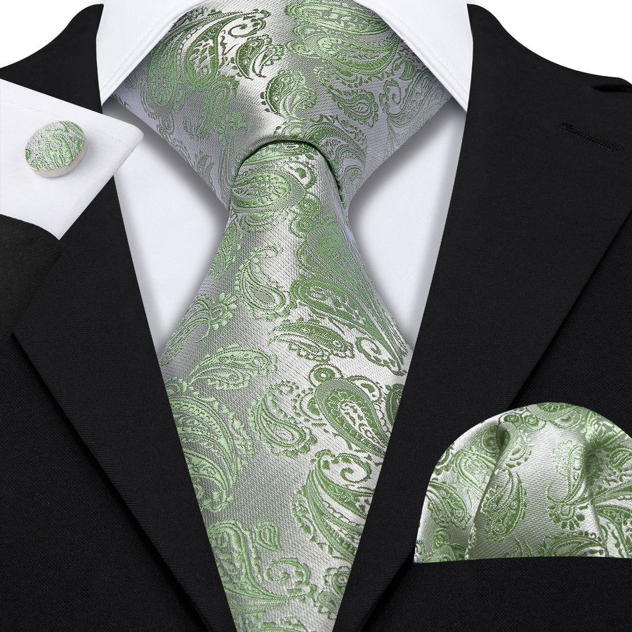 Avocado Green Paisley XL Silk Tie Set - GentCrest - View 6
