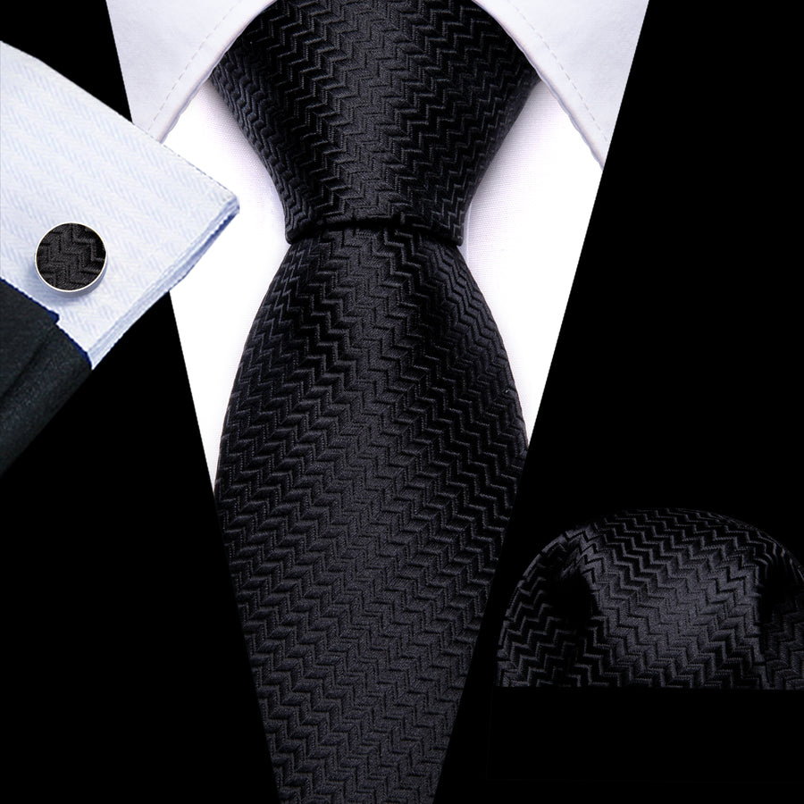 Pure Black Ornament XL Silk Tie Set - GentCrest