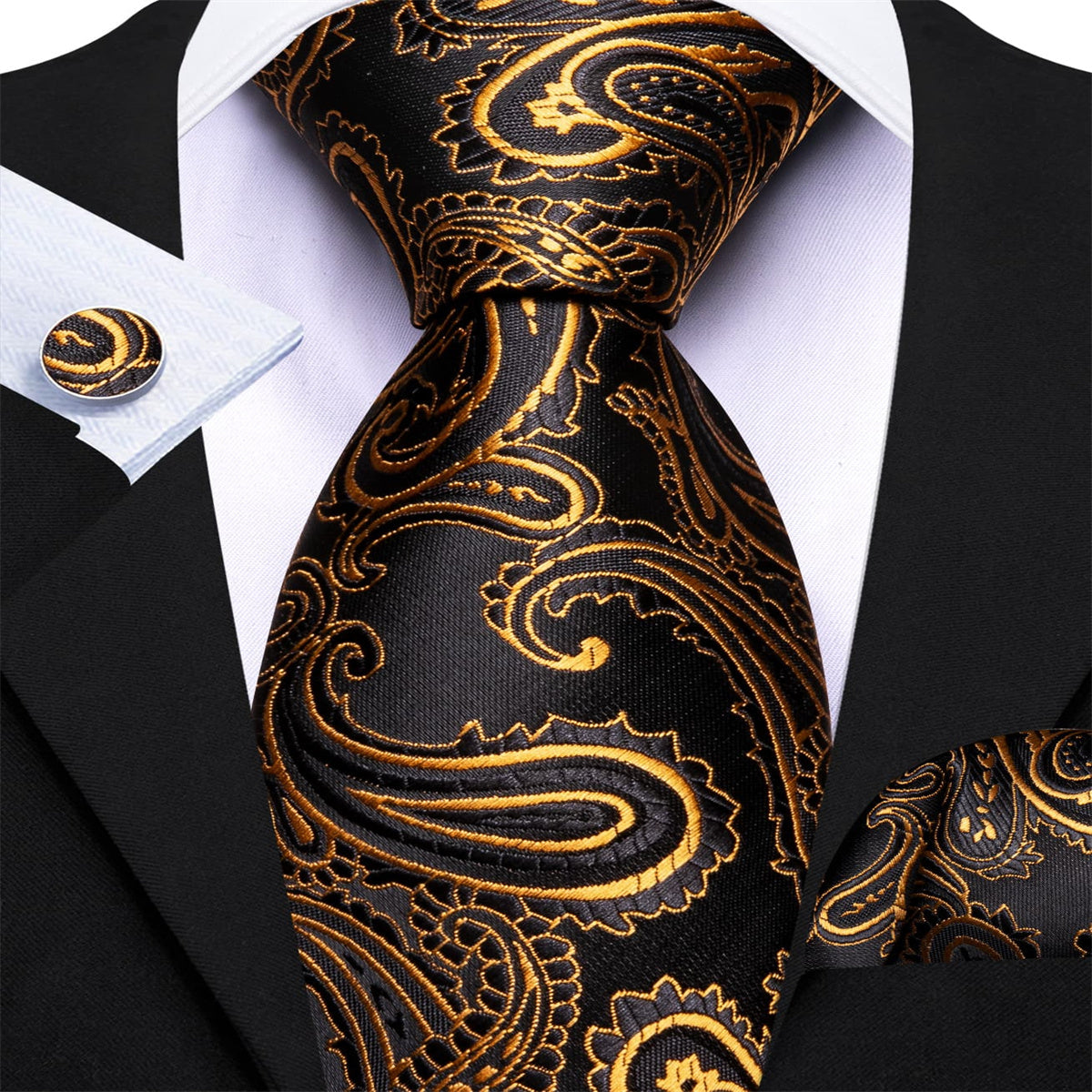 GentCrest Black Paisley Tie Hanky Cufflinks Set - Image 3
