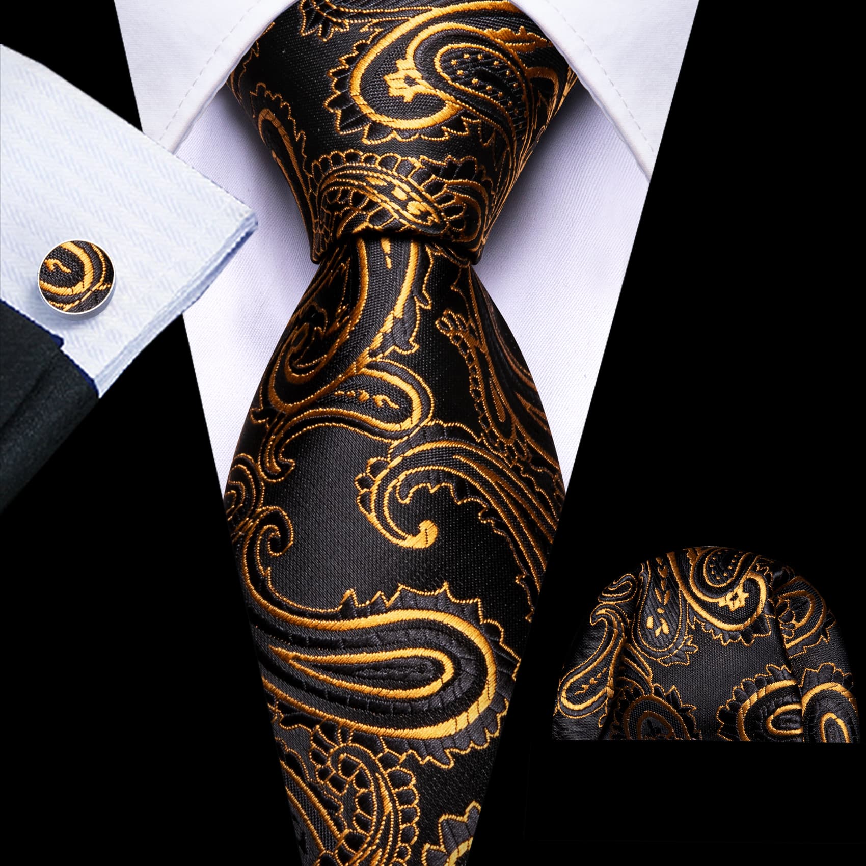 GentCrest Black Paisley Tie Hanky Cufflinks Set - Image 1