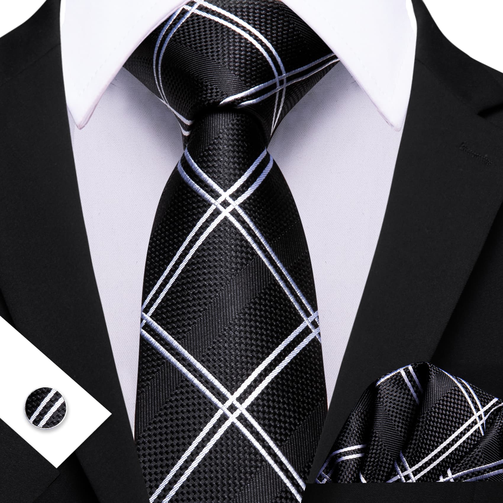 GentCrest Black Plaid Tie Hanky Cufflinks Set - Image 1