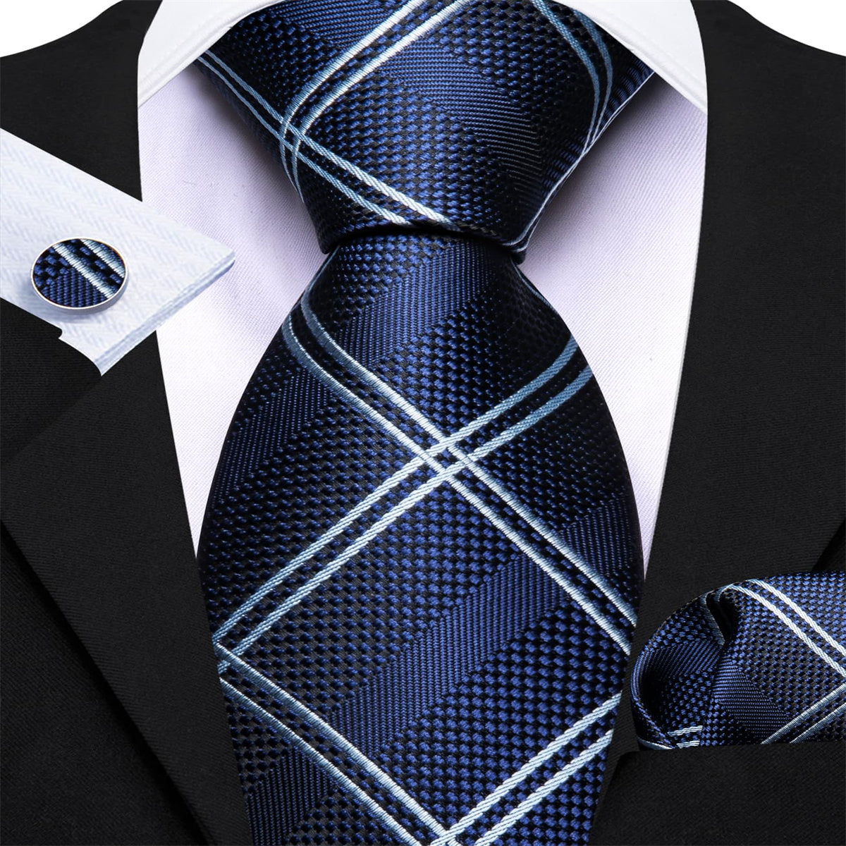 GentCrest Blue Plaid Tie Hanky Cufflinks Set - Image 2