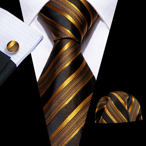 Black and Gold Striped Silk Tie Set - GentCrest