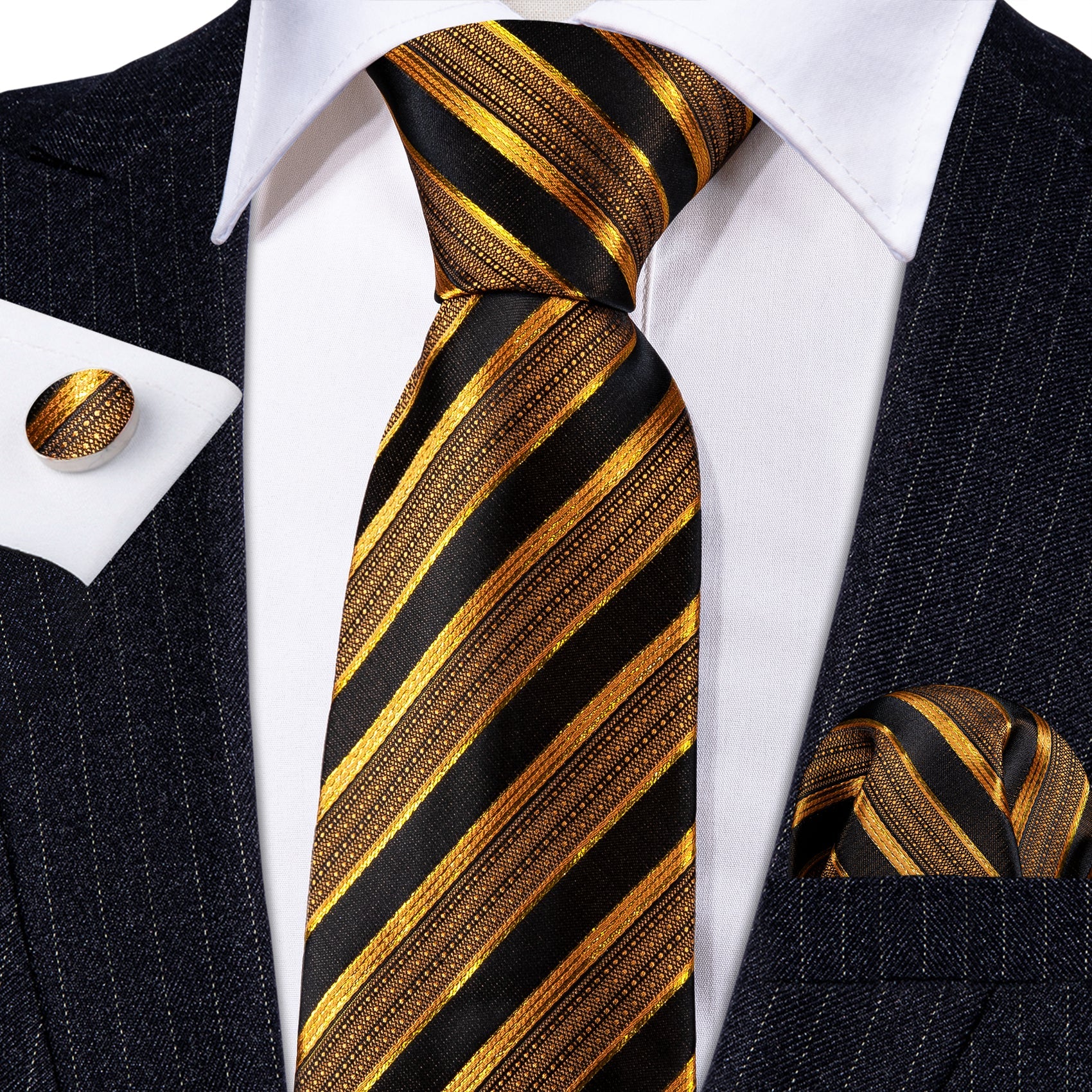 GentCrest Black Striped Tie Hanky Cufflinks Set - Image 2