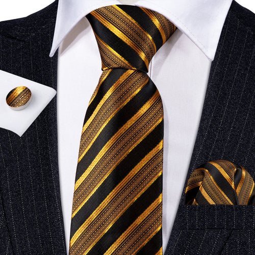 Black and Gold Striped Silk Tie Set - GentCrest - View 2