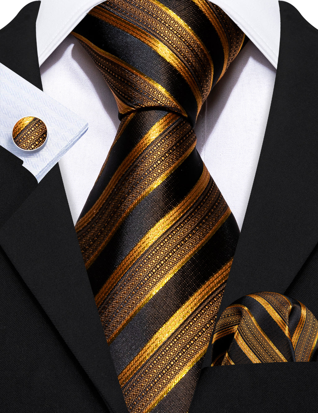 Black and Gold Striped Silk Tie Set - GentCrest - View 3