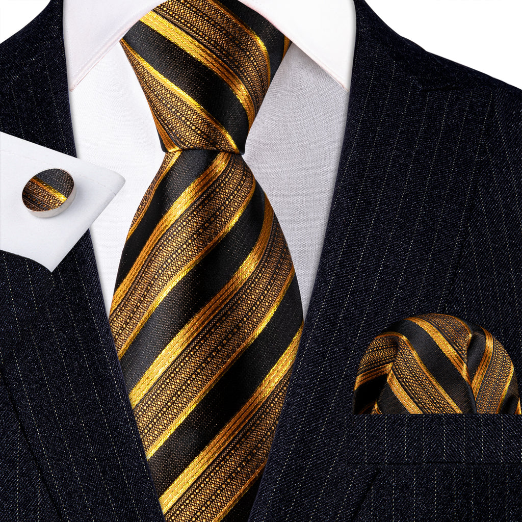 Black and Gold Striped Silk Tie Set - GentCrest - View 4