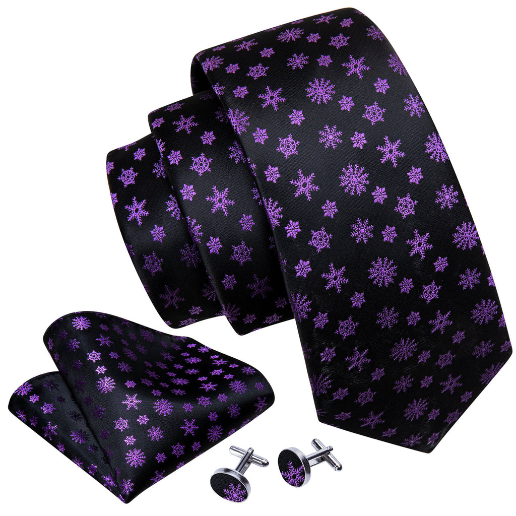 Black Purple Snowflake Silk Tie Set - GentCrest - View 5