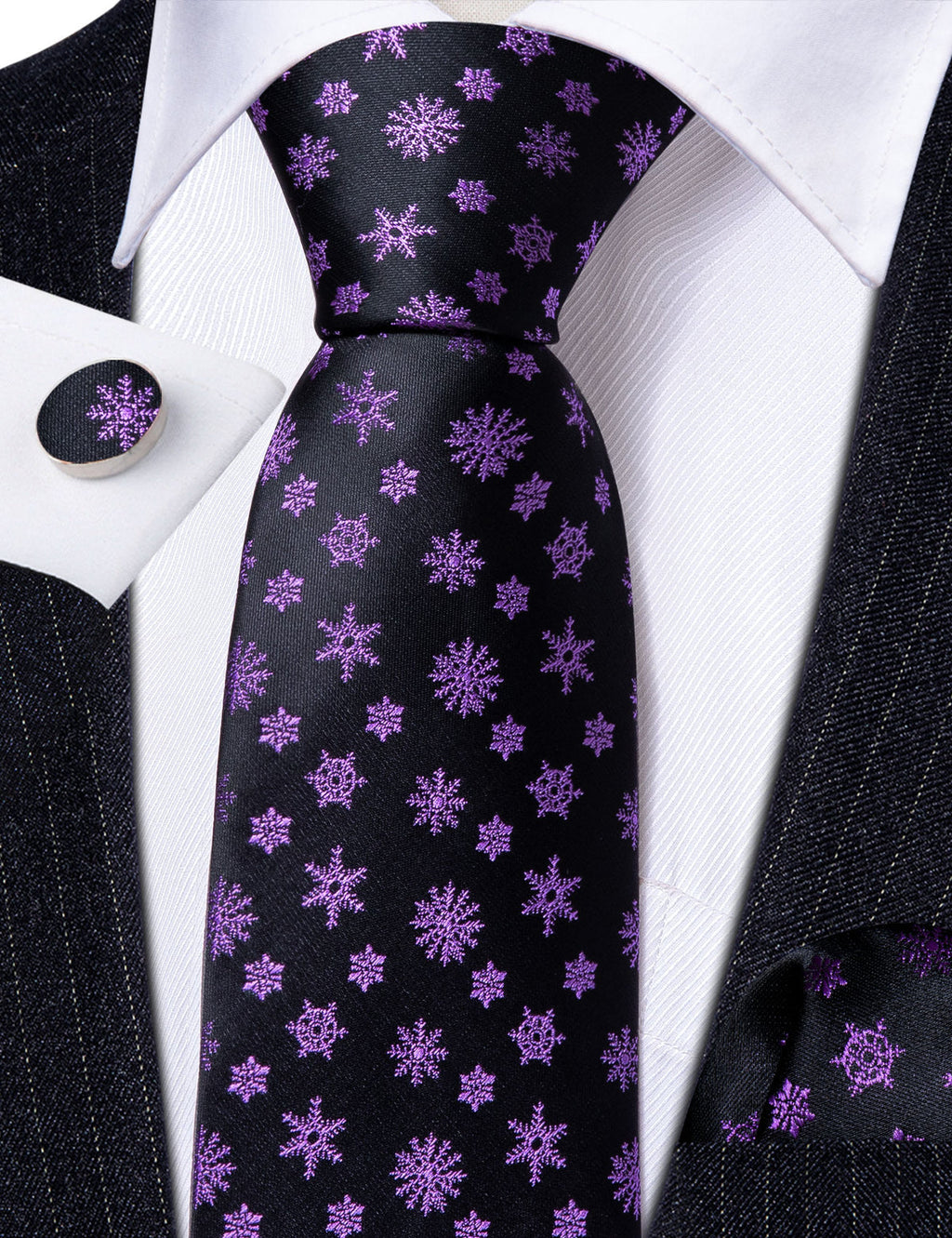 Black Purple Snowflake Silk Tie Set - GentCrest - View 4