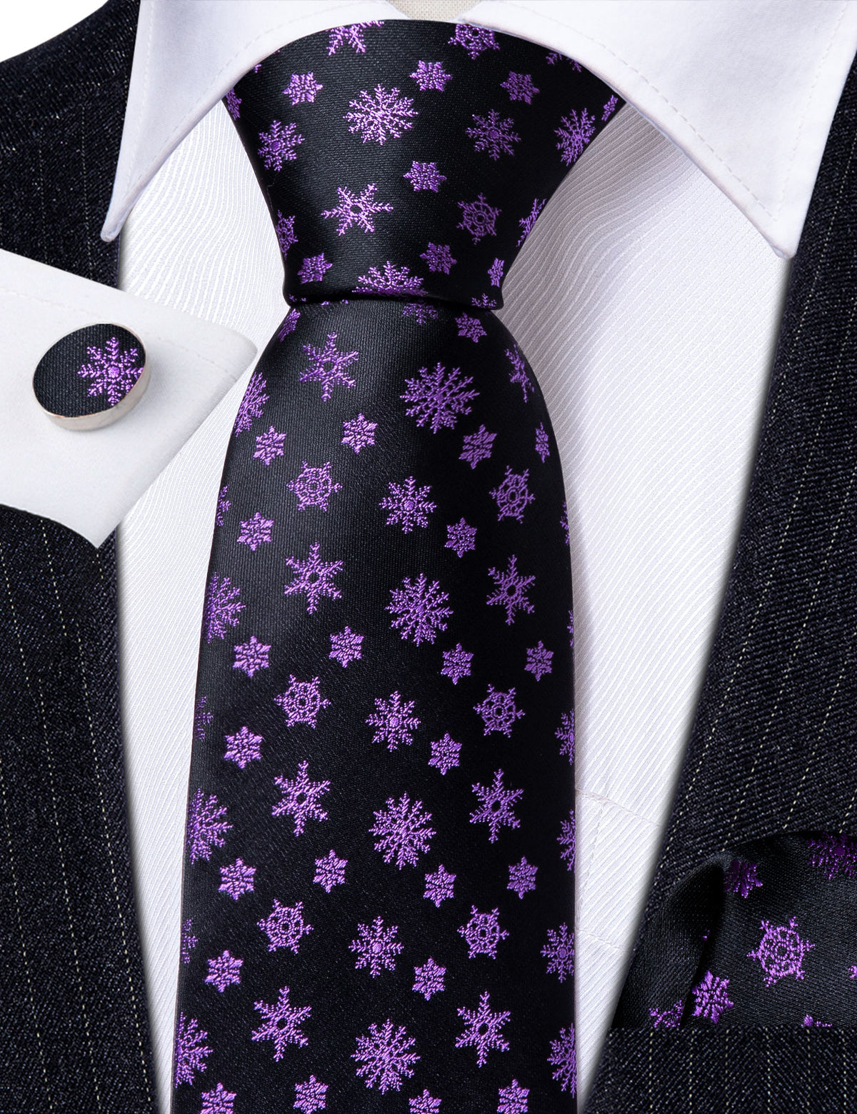 Black Purple Snowflake Silk Tie Set - GentCrest - View 4