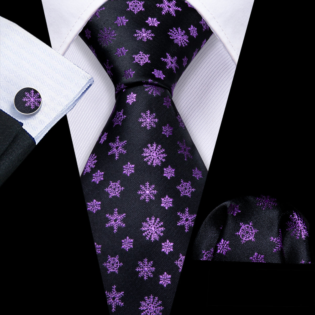 Black Purple Snowflake Silk Tie Set - GentCrest