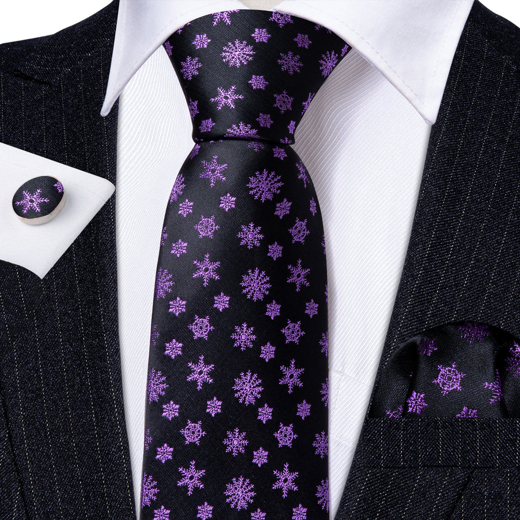 Black Purple Snowflake Silk Tie Set - GentCrest - View 2