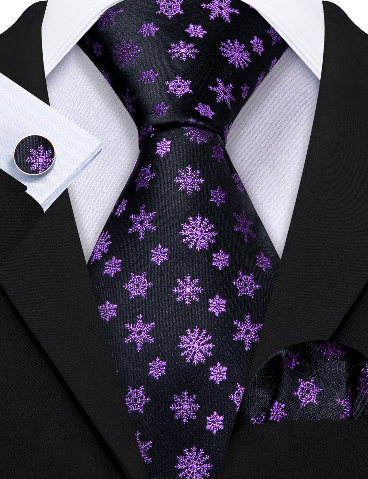 Black Purple Snowflake Silk Tie Set - GentCrest - View 3