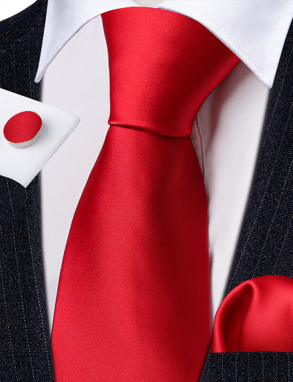 Red Solid Silk Satin Silk Tie Set - GentCrest - View 2