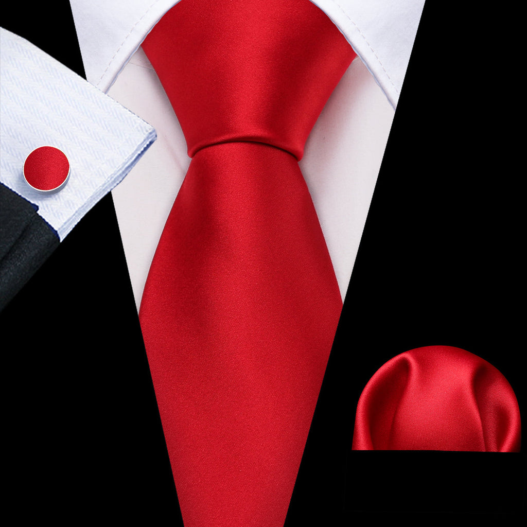 Red Solid Silk Satin Silk Tie Set - GentCrest