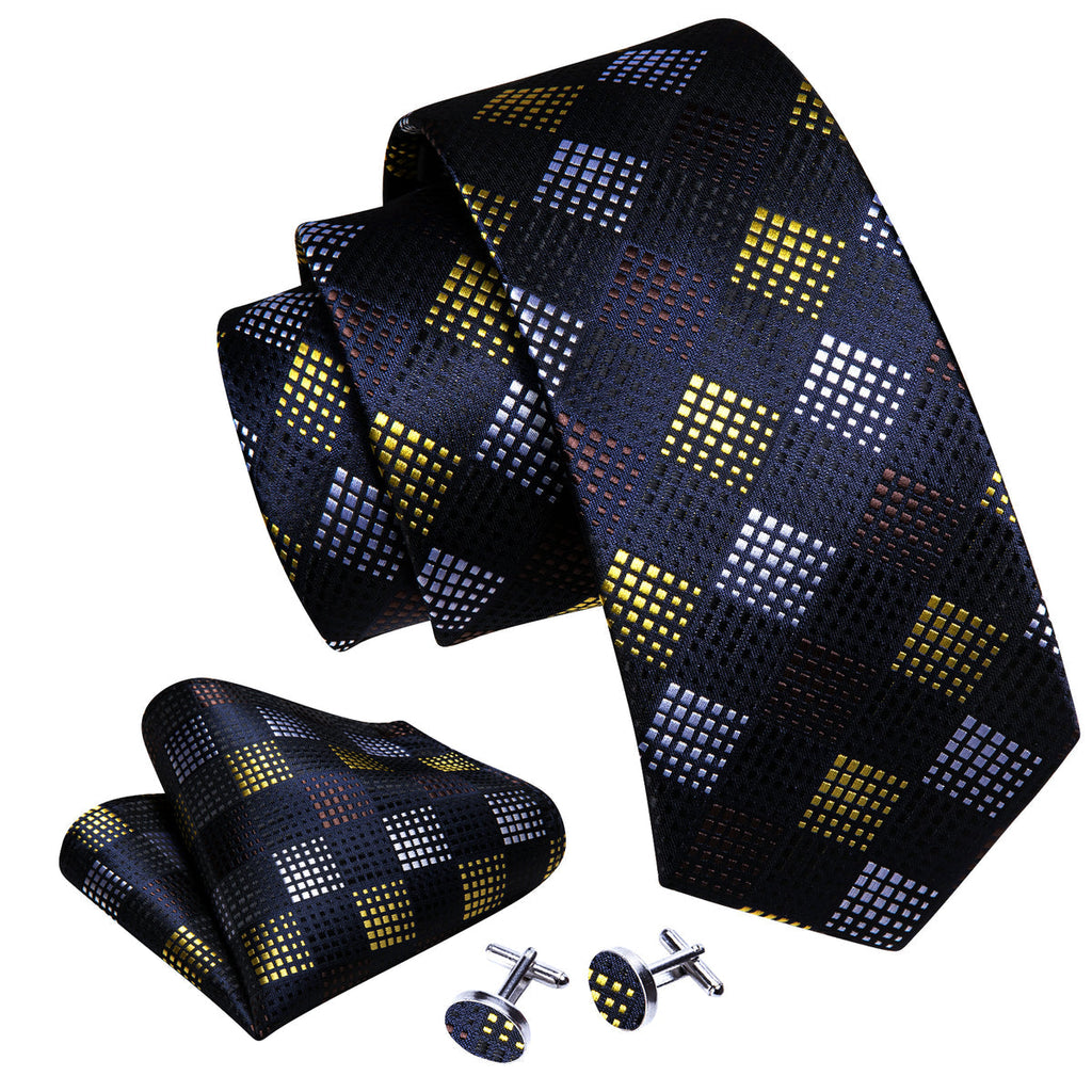 Black Yellow Plaid Fashion Silk Tie Set - GentCrest - View 4