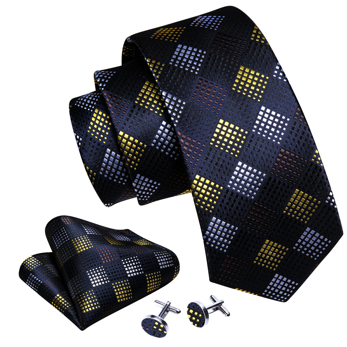 Black Yellow Plaid Fashion Silk Tie Set - GentCrest - View 4