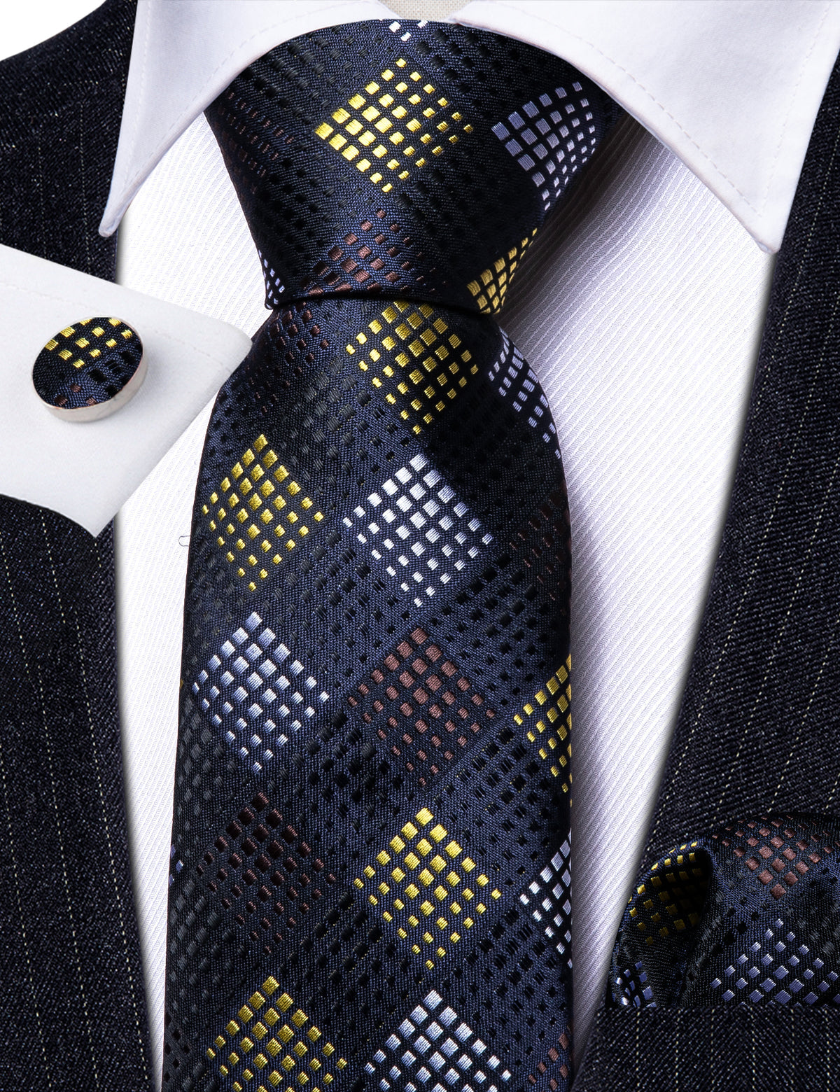 Black Yellow Plaid Fashion Silk Tie Set - GentCrest - View 3