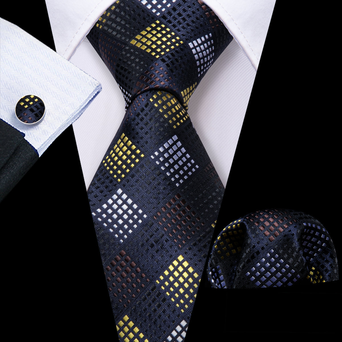 Black Yellow Plaid Fashion Silk Tie Set - GentCrest