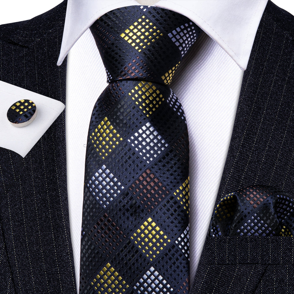 Black Yellow Plaid Fashion Silk Tie Set - GentCrest - View 5