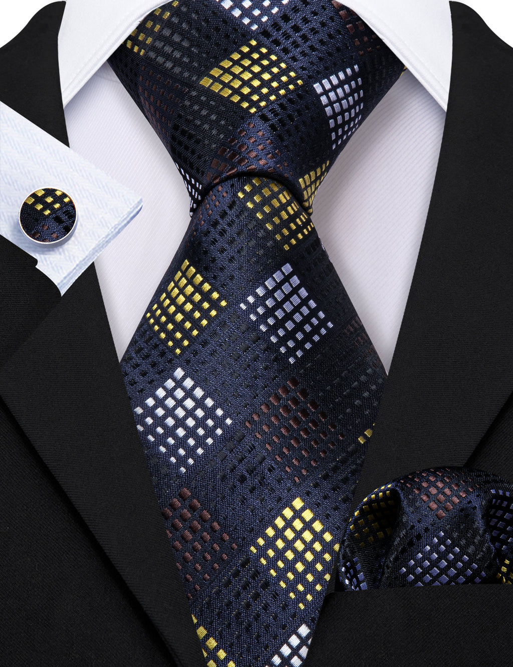 Black Yellow Plaid Fashion Silk Tie Set - GentCrest - View 2