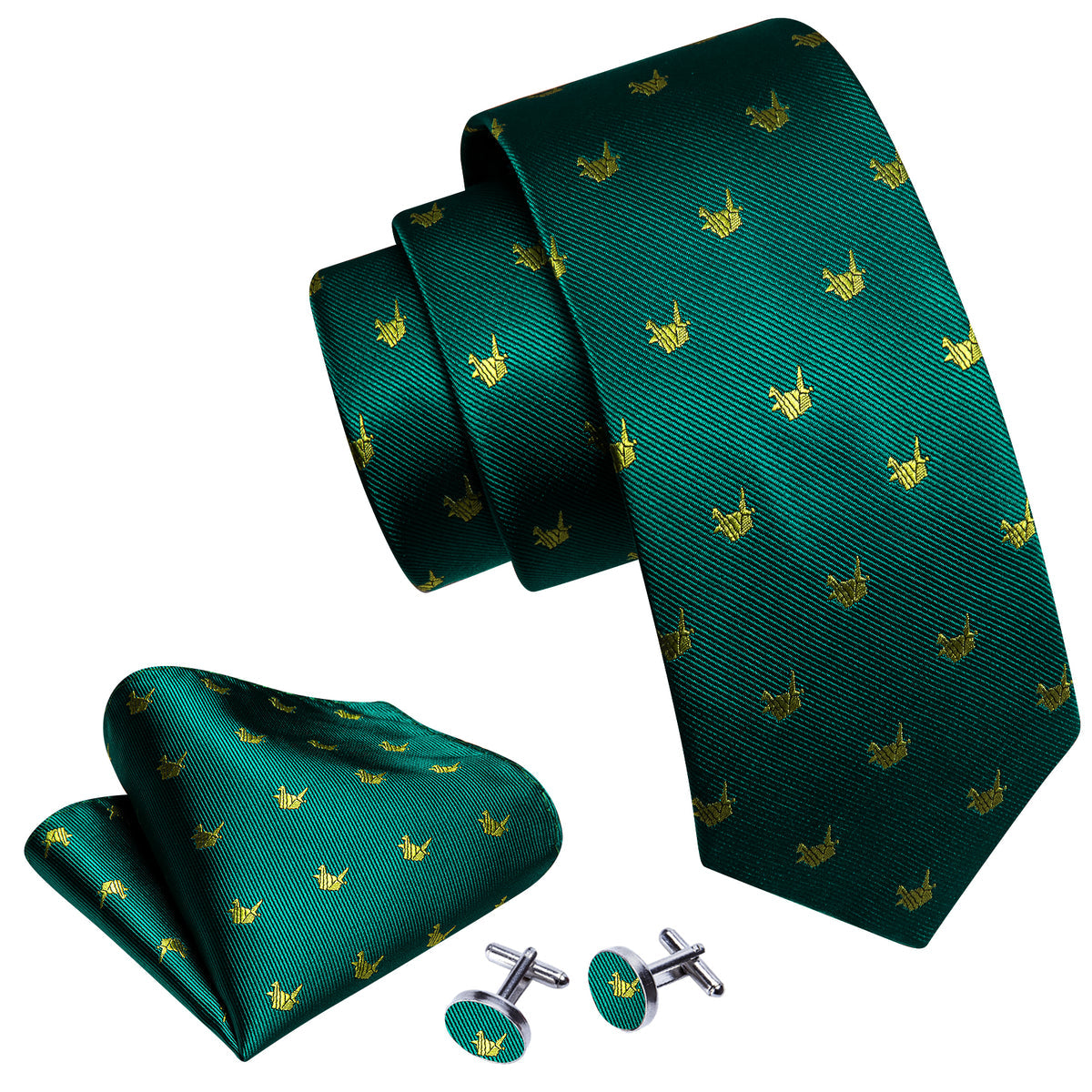 Green Yellow Cranes Print Silk Tie Set - GentCrest - View 5