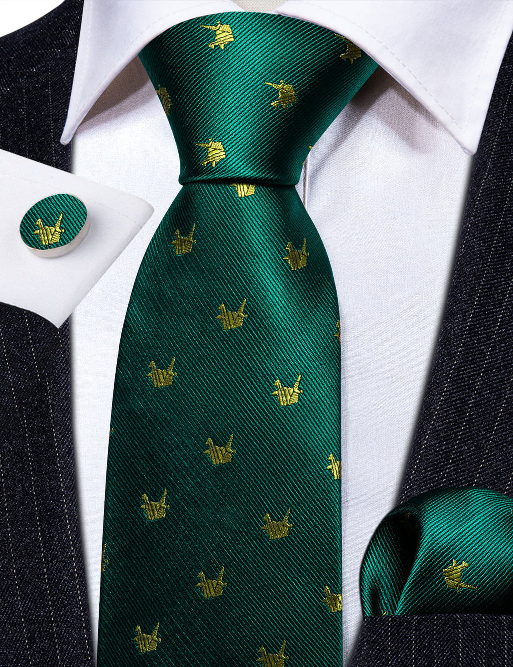Green Yellow Cranes Print Silk Tie Set - GentCrest - View 4