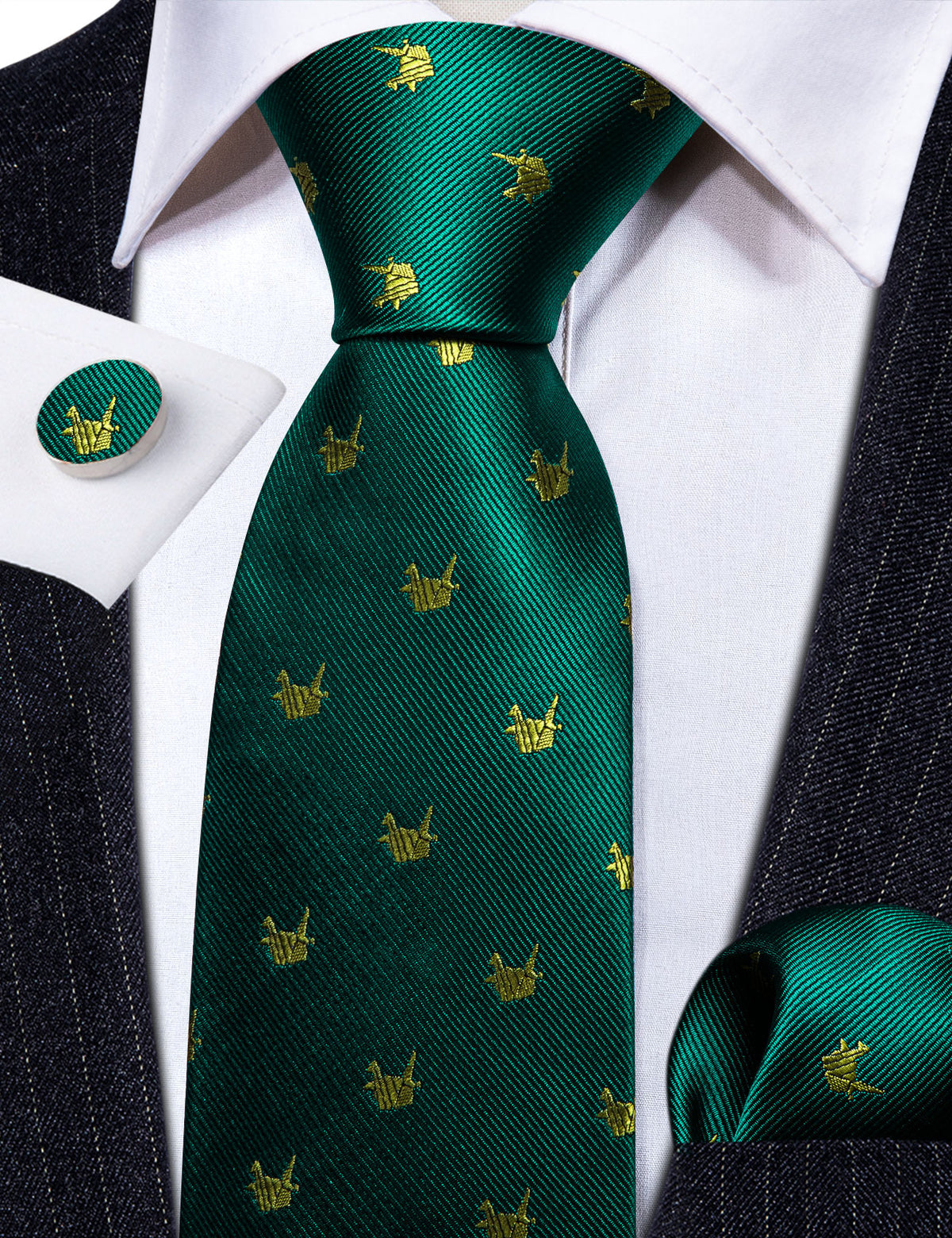 Green Yellow Cranes Print Silk Tie Set - GentCrest - View 4