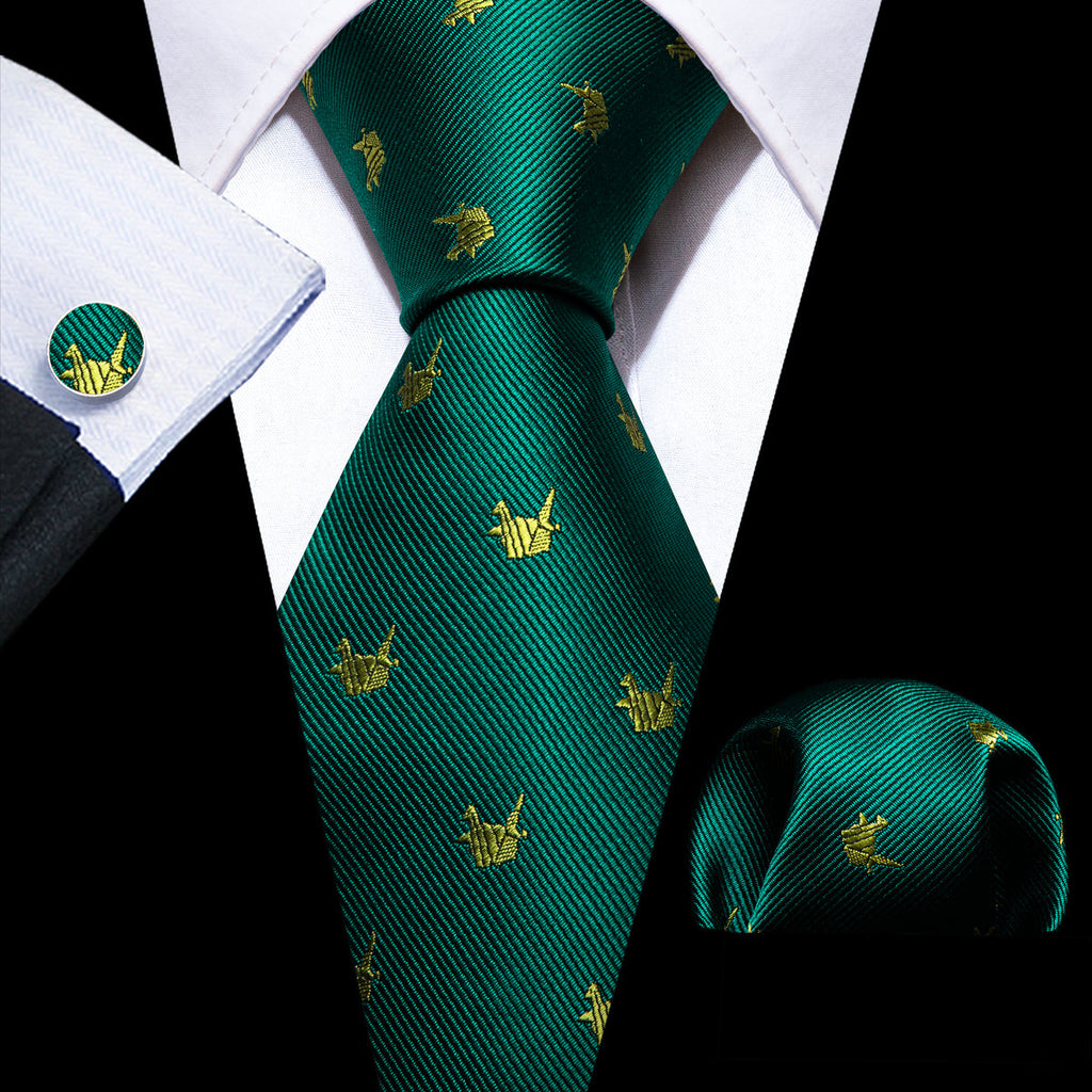 Green Yellow Cranes Print Silk Tie Set - GentCrest