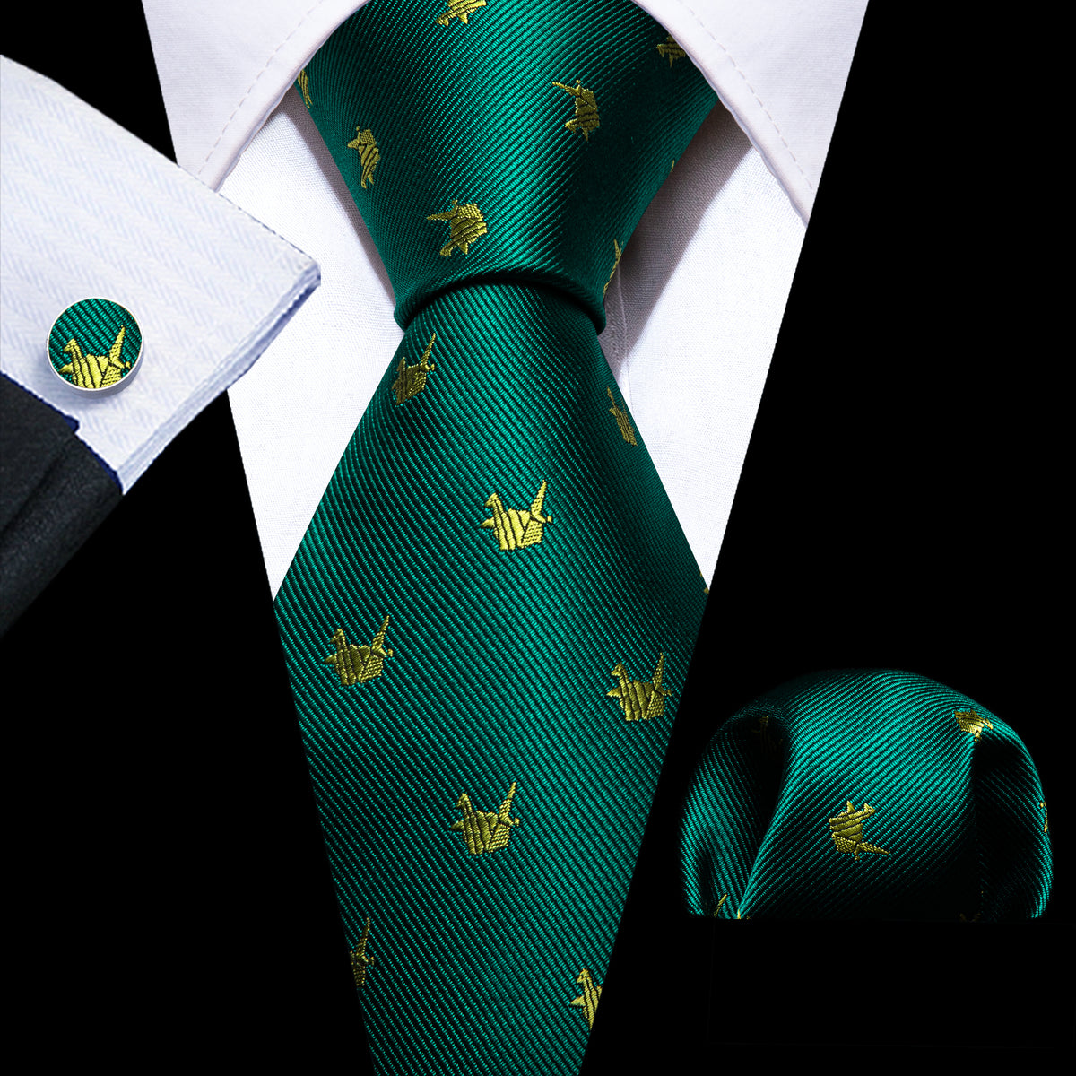 Green Yellow Cranes Print Silk Tie Set - GentCrest