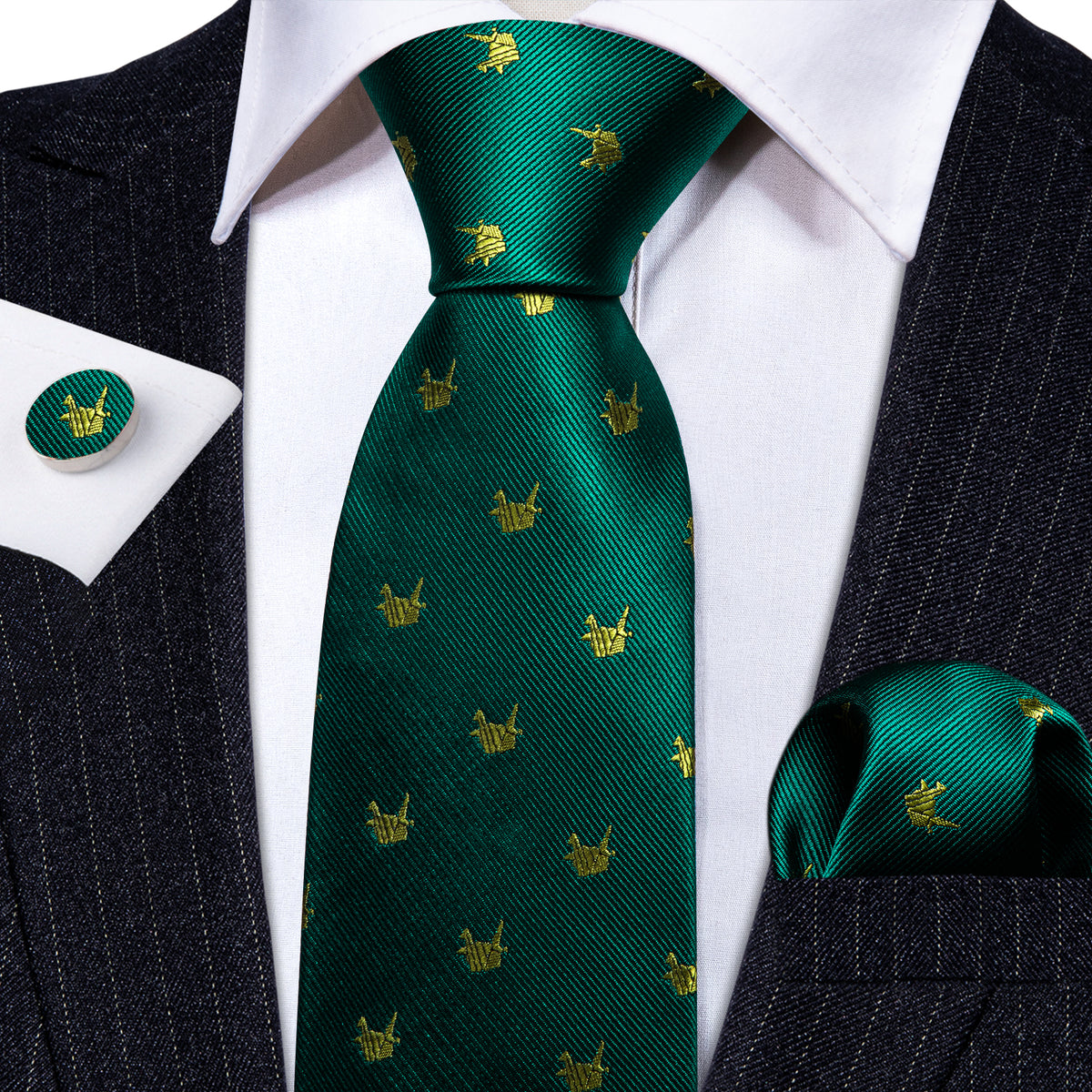 Green Yellow Cranes Print Silk Tie Set - GentCrest - View 2