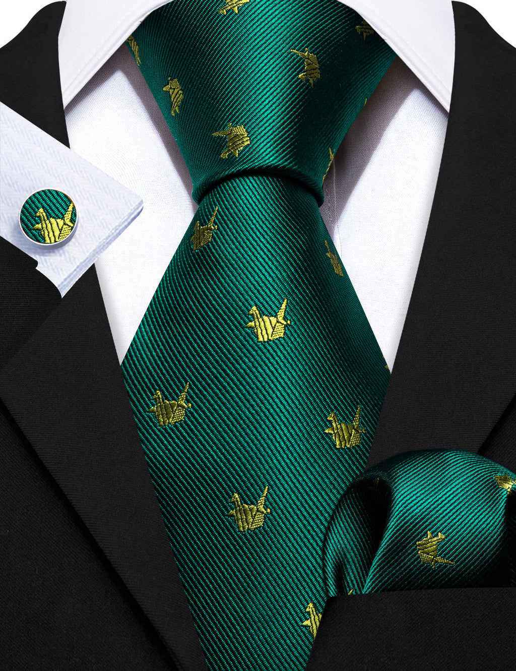 Green Yellow Cranes Print Silk Tie Set - GentCrest - View 3
