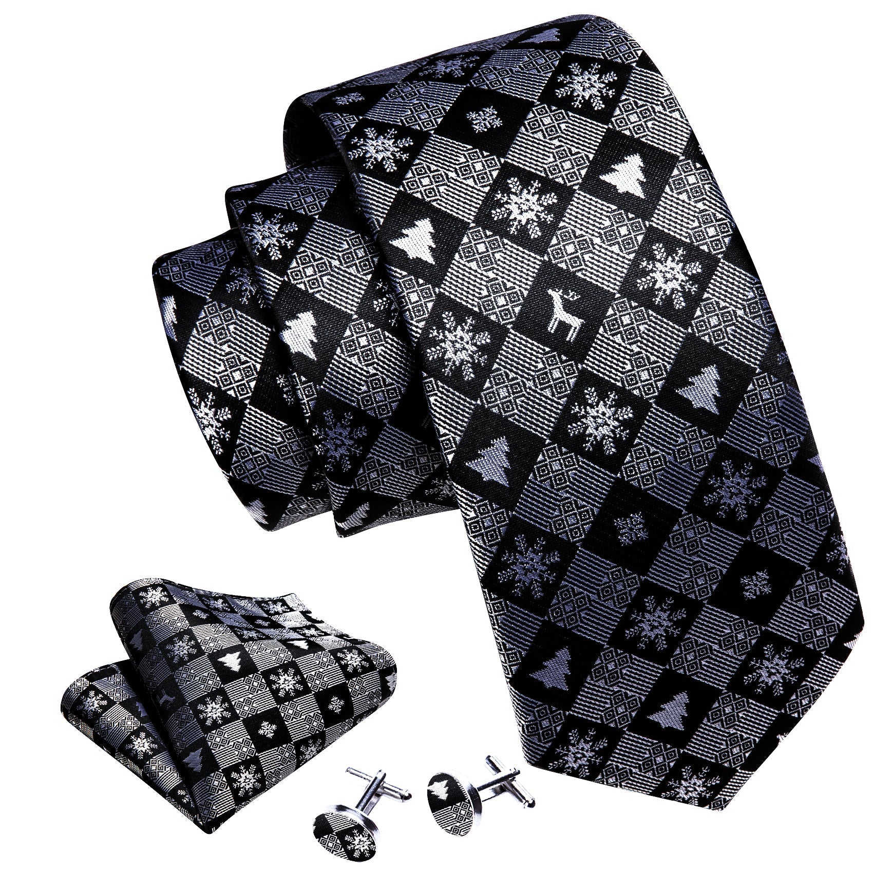 Black and Gray Snowflakes Silk Tie Set - GentCrest - View 2