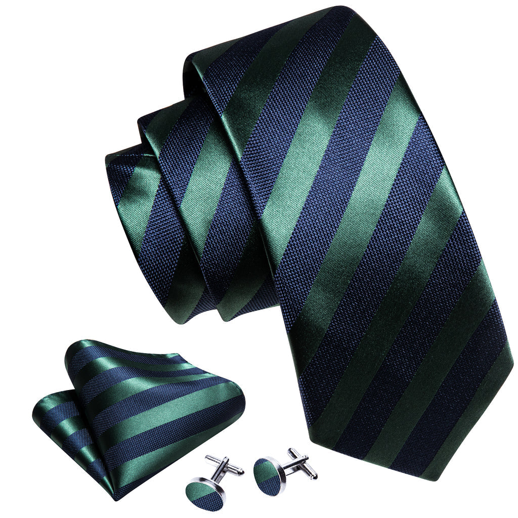 Navy Blue Green Striped Silk Tie Set - GentCrest - View 2