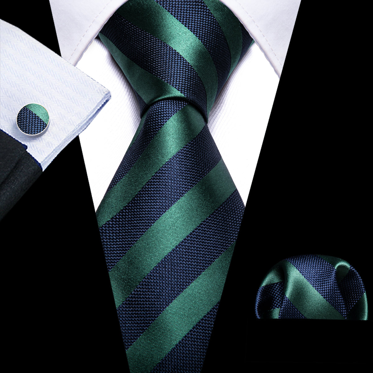 Navy Blue Green Striped Silk Tie Set - GentCrest - View 4
