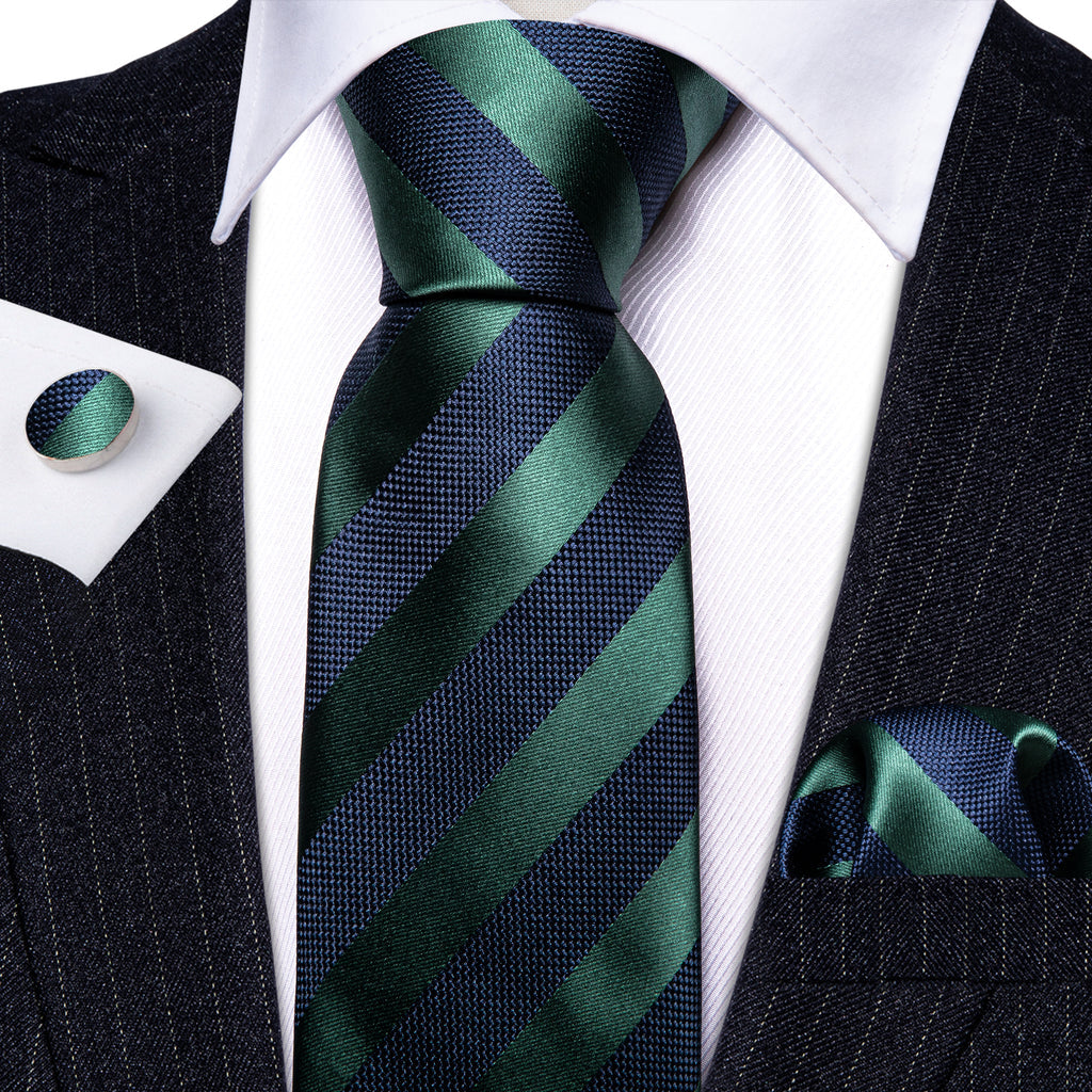 Navy Blue Green Striped Silk Tie Set - GentCrest - View 3