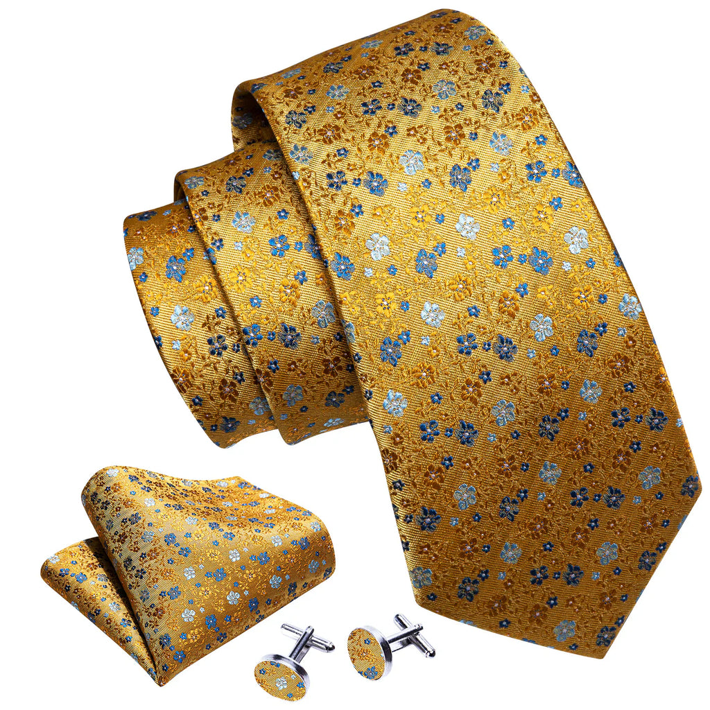 Gold Floral Silk Tie with Blue Flowers - Elegant Jacquard Necktie Silk Tie Set - GentCrest - View 2