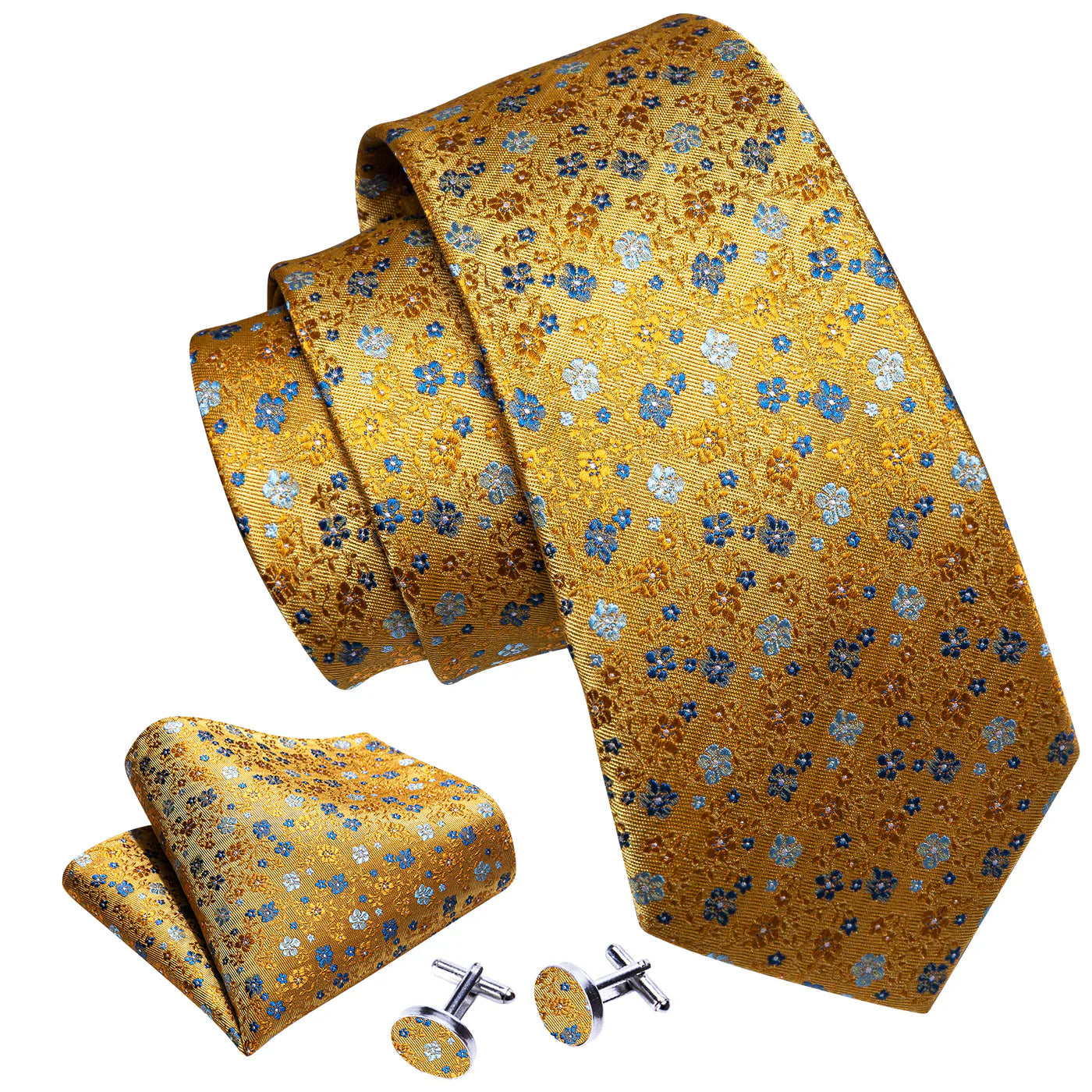 Gold Floral Silk Tie with Blue Flowers - Elegant Jacquard Necktie Silk Tie Set - GentCrest - View 2