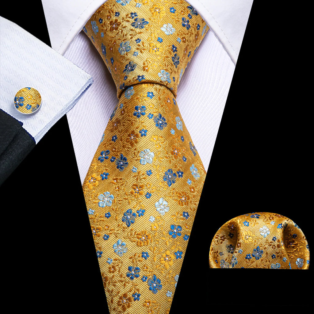 Gold Floral Silk Tie with Blue Flowers - Elegant Jacquard Necktie Silk Tie Set - GentCrest