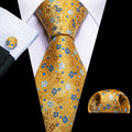 Gold Floral Silk Tie with Blue Flowers - Elegant Jacquard Necktie Silk Tie Set - GentCrest