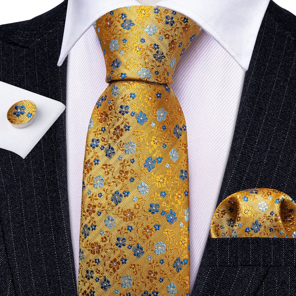 Gold Floral Silk Tie with Blue Flowers - Elegant Jacquard Necktie Silk Tie Set - GentCrest - View 3