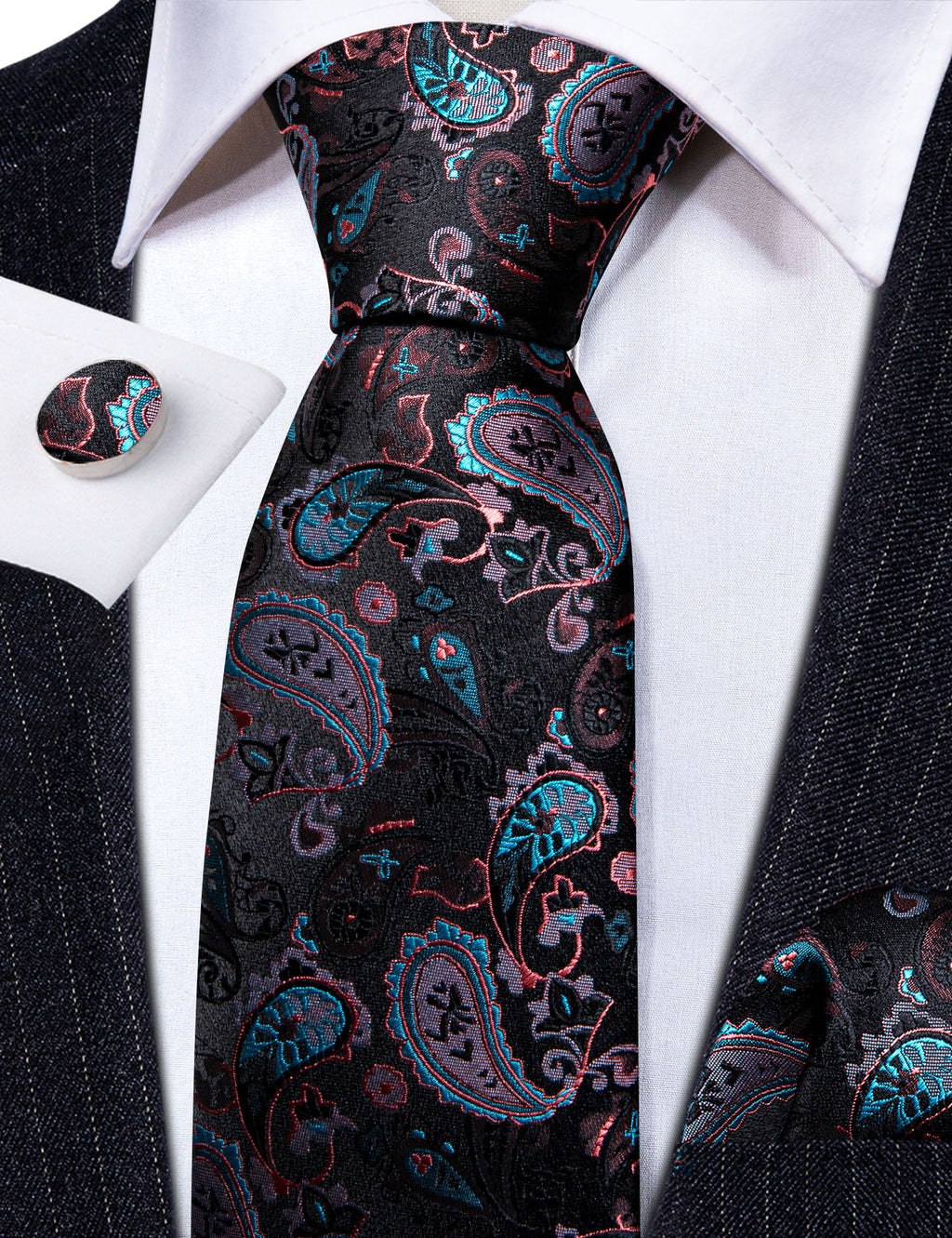 Black White Paisley Silk Tie Set - GentCrest - View 4